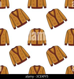Motif vectoriel sans couture avec un motif répétitif de cardigans colorés automnaux ornés de motifs de feuilles d'érable, parfait pour le PRI textile à thème d'automne Illustration de Vecteur
