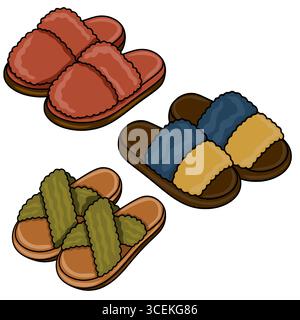 Une illustration vectorielle présentant trois paires de pantoufles maison élégantes avec diverses palettes de couleurs et textures, y compris le rouge, le bleu marine, le jaune moutarde Illustration de Vecteur