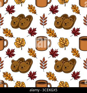 Cozy Autumn Seamless Vector Pattern : une charmante illustration avec des chaussons d'ours adorables, des tasses chaudes de café et des feuilles d'automne vibrantes, parfait Illustration de Vecteur