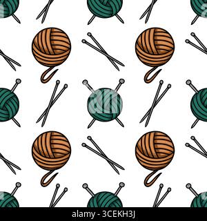 Modèle vectoriel sans couture avec des illustrations dessinées à la main de boules de sarcelle et de fil marron accompagnées d'aiguilles à tricoter, créant un charme et un re Illustration de Vecteur