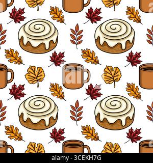 Motif vectoriel sans couture avec des éléments automnaux : rouleaux à la cannelle avec glaçage crémeux, tasses chaudes de café et feuilles d'automne vibrantes en orange, rouge, an Illustration de Vecteur