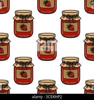 Modèle vectoriel sans couture de charmants pots de confiture de fraises dessinés à la main avec des couvercles en papier kraft et des arcs attachés, créant une délicieuse esthétique de cuisine rustique Illustration de Vecteur