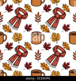 Cozy Autumn Vector Seamless Pattern : une charmante illustration avec des tasses de boisson chaude, des foulards chauds et des feuilles d'automne vibrantes dans un desig répété Illustration de Vecteur