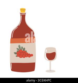 Grande bouteille de vin rouge avec illustration de baies de raisin à côté du verre à vin. Illustration de Vecteur