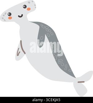 Illustration de requin marteau souriant de dessin animé mignon avec des couleurs grises et blanches. Illustration de Vecteur