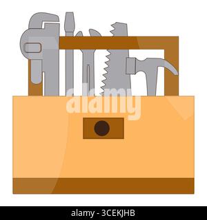 Boîte à outils remplie de divers outils dans le vecteur de conception plate, boîte à outils Handyman avec marteau et pinces. Illustration de Vecteur