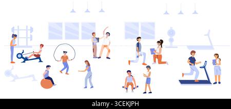 Groupe diversifié s'engageant dans diverses activités de gymnastique dans un centre de fitness moderne. Illustration de Vecteur