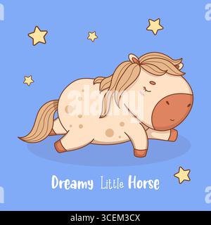 Mignon adorable Sleepy Cartoon Horse sous les étoiles. Mignon Pony Kawaii animal rêveur. Illustration vectorielle. Carte cool avec texte. Collection enfants. Pas IA Illustration de Vecteur