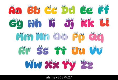 Lettres de dessin animé colorées mignonnes de l'alphabet anglais avec des yeux et des visages mignons isolés sur un fond blanc. Alphabet de style dessin animé avec des yeux drôles. Illustration de Vecteur