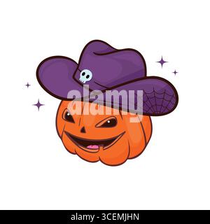 Citrouille d'Halloween portant un chapeau de cowboy violet. Jolie illustration de lanterne de dessin animé Jack. Parfait pour les décorations de vacances, invitations de fête, salutations Illustration de Vecteur