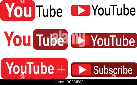 Jeu de boutons vectoriels d'abonnement YouTube rouge avec des icônes de lecture de médias sociaux et des étiquettes de promotion vidéo pour la marque de canal et la conception de marketing numérique Illustration de Vecteur