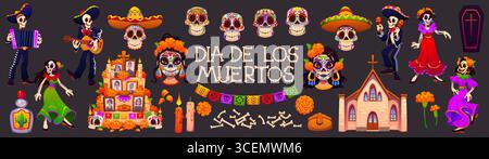 Le jour des personnages de vacances morts, dia de los personnages mexicains. Ensemble festif célébrant la mort avec des squelettes dansants, crânes de sucre, soucis, bougies, ofrendas, papel picado et tenue traditionnelle Illustration de Vecteur