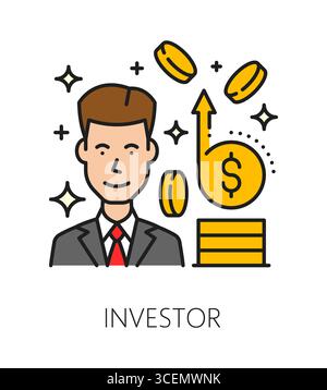 Expert en investissement ou investisseur, icône ou étiquette de ligne de couleur d'entreprise. Symbole vectoriel de ligne mince de conseiller financier. Expert en investissement d'affaires ou pictogramme d'investisseur avec caractère d'homme d'affaires, pièces d'or Illustration de Vecteur