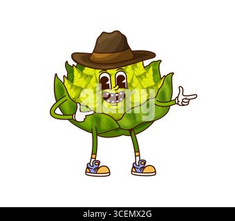 Personnage de cow-boy végétal groovy romanesco de dessin animé. Farm Ripe veggie Wild West ranger 60s vecteur caractère joyeux, Texas bandit drôle groovy mascotte. Chou romanesco Western cow-boy mignon personnage Illustration de Vecteur