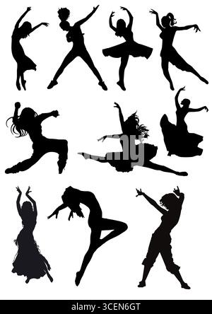 Silhouettes de filles dansantes. Illustration vectorielle noir et blanc Illustration de Vecteur