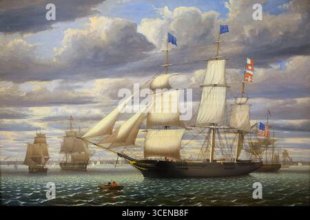 USA / Chine : 'Ship Southern Cross in Boston Harbour, 1851'. Huile sur toile de Fitz Henry Lane (1804-1865), 1851. Le commerce de la vieille Chine était le nom donné au début du commerce entre l'Empire Qing et les États-Unis sous le système de cantons, s'étendant de peu après la fin de la guerre d'indépendance américaine en 1783 jusqu'au traité de Wanghsia en 1844. Le commerce de la vieille Chine a représenté le début des relations entre les États-Unis et l'Asie de l'est, y compris finalement les relations américano-chinoises. Banque D'Images