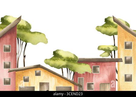 Cottage maisons clipart avec aquarelle minuscule briques jaunes et rouges bâtiment avec illustration de fond d'arbres verts. Vue sur le paysage de la campagne, été Banque D'Images