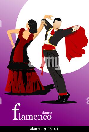 Beau jeune couple dansant flamenco. Illustration vectorielle 3d dessinée à la main Illustration de Vecteur