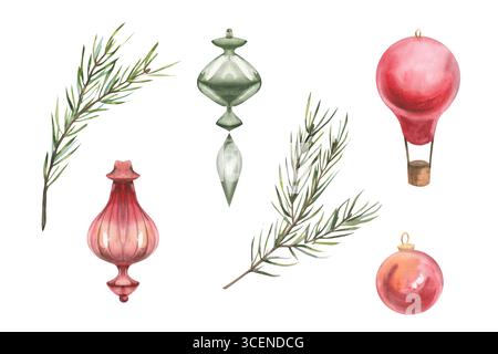 Ensemble aquarelle de décor traditionnel d'arbre de Noël avec des boules vintage en verre rouge et vert, illustration de branches d'épinette persistante. Isolé festi du nouvel an Banque D'Images