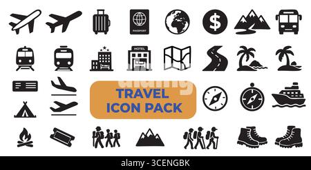 Voyage Tourisme vacances Pack d'icônes vectorielles noires Illustration de Vecteur