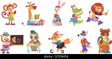 Animaux étudiants. Animal intelligent de bande dessinée de retour à l'éducation des étudiants à l'école, enseignant mignon bébé lapin drôle dans les lunettes ours lire des personnages de zoo d'étude de livre, illustration vectorielle classe illustration originale Illustration de Vecteur