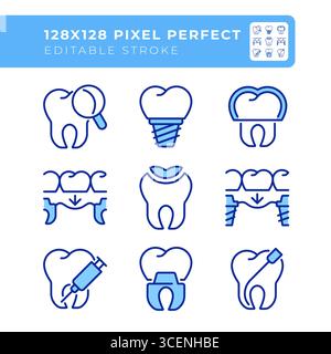 Jeu d'icônes de couleur de ligne parfaite de pixel de traitement des dents Illustration de Vecteur
