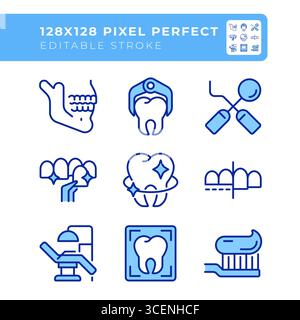 Jeu d'icônes de couleur de ligne parfaite de pixel de service de stomatologie Illustration de Vecteur
