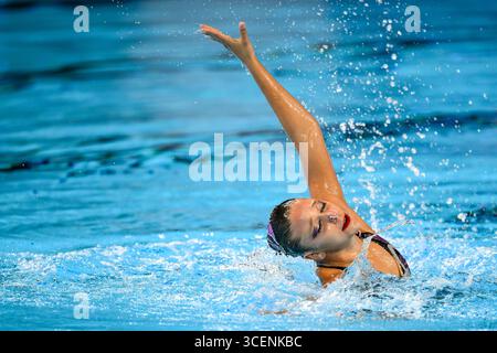 Audrey Lamothe, du Canada, participe à la finale féminine de natation artistique en solo au 22e Championnat mondial de natation aquatique à la WAC Arena de Singapour (Singapour), le 19 juillet 2025. Banque D'Images