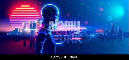 Portrait d'une femme cyborg. Une fille cyborg sur fond d'une ville fantastique. Papier peint avec un beau personnage féminin cyborg dans la lumière néon Illustration de Vecteur