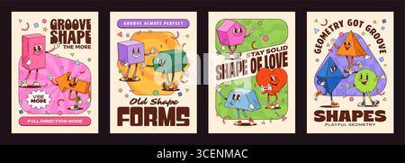 Drôle de maths forme groovy personnages affiches. Les cartes vintage rétro vectorielles avec des figures géométriques de dessins animés dansants jumelées à des slogans optimistes et des confettis, soulignent le caractère ludique, l'amitié et l'amour Illustration de Vecteur