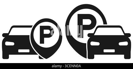 Icônes de voiture et de stationnement plates pour GPS, interface utilisateur d'application et visuels de services automobiles. Icône d'emplacement de stationnement. Vecteur de stationnement de voiture. Broche GPS avec voiture. Conception de l'application de stationnement. Marqueur de position du véhicule. idéal pour les thèmes des transports, de la navigation et des infrastructures urbaines. Illustration de Vecteur