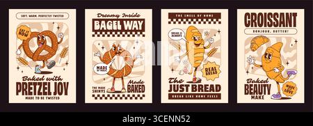 Affiches de personnages de pâtisserie et de boulangerie groovy avec bretzel, bagel, pain et croissant de produits de boulangerie animés promouvant des messages de boulangerie amusants avec des couleurs rétro et une typographie audacieuse et ludique Illustration de Vecteur