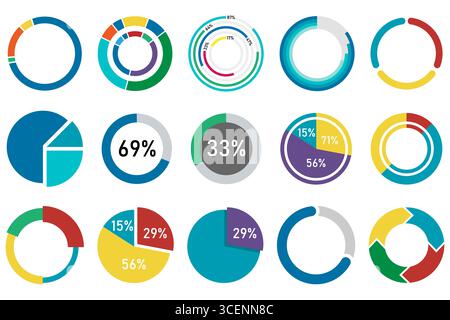 Ensemble de graphiques de cercle colorés et de graphiques de donut dans un style plat pour les infographies et les présentations. Paquet de graphiques en forme de donut. Graphiques à secteurs colorés. Entourez les visualisations de données. Ensemble de modèles d'infographie. Eléments statistiques de l'interface utilisateur. Illustration de Vecteur
