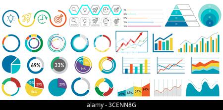 . Collection de graphiques et infographies de style plat, y compris des graphiques à secteurs, à barres et linéaires pour l'analyse commerciale et marketing. Modèle d'infographie d'entreprise. Collecte de graphiques de données plats. Vecteur de graphiques à secteurs et à barres. Chronologie et visualisation des processus. Éléments colorés du tableau de bord. Illustration de Vecteur