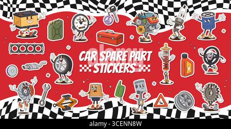 Autocollants de personnages groovy de pièces de rechange de voiture. Patches de dessin animé vectoriel des composants automobiles comme la batterie, le compteur de vitesse, la clé de voiture, le moteur et la bougie d'allumage. Filtre à huile, joint, phares automobiles Illustration de Vecteur