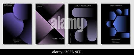 Affiche abstraite moderne avec des dégradés. Composition géométrique violette et bleue. Affiche minimaliste à fond sombre. Mise en page créative avec des formes de dégradé. Modèle de conception visuelle futuriste. Des mises en page d'affiches minimalistes avec des formes créatives de cercles, d'hexagones, de barres et de triangles. Illustration de Vecteur