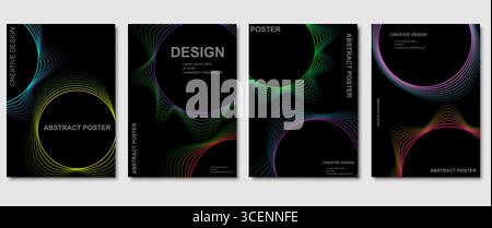 Un ensemble de posters abstraits créatifs présentant des lignes de vagues colorées formant des cadres circulaires sur fond noir. Couvertures abstraites minimales avec mouvement radial et formes d'ondes multicolores fluides. Collection d'affiches futuristes avec des courbes néon et des lignes de distorsion circulaires dans des dégradés vifs. Illustration de Vecteur