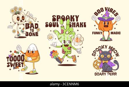 Autocollants Halloween groovy Characters et t-shirts imprimés. Squelette rétro de vecteur de dessin animé, citrouille, main de zombie, maïs bonbon et personnages y2k effrayants de chat noir. Patchs amusants et ludiques pour les vêtements d'enfant Illustration de Vecteur