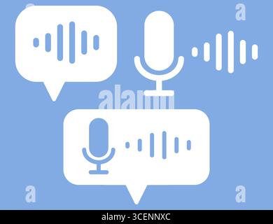 Illustration vectorielle des icônes de messages vocaux, y compris les symboles de microphone, de forme d'onde et de bulle de chat, idéale pour les applications de messagerie et les interfaces d'interface utilisateur vocale, représentant des podcasts, des entrées vocales, des assistants ai ou des fonctionnalités de transcription audio. Illustration de Vecteur