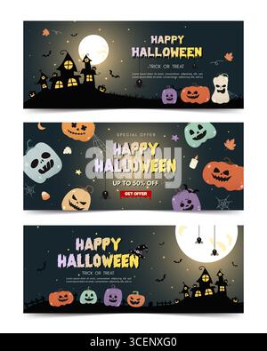 Scène sinistre d'Halloween avec maison hantée et citrouilles. Illustration vectorielle Illustration de Vecteur