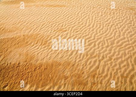 Texture de motif de sable au Maroc. Le sable du désert ripple l'arrière-plan. Banque D'Images