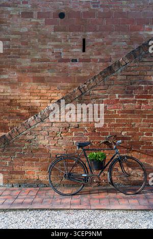 Toscane, Italie - 21 avril 2025 : vue d'un vélo vintage appuyé contre un mur de briques altérées, une éclaboussure de feuillage vert dans son panier, sous le chaud soleil toscan. Banque D'Images