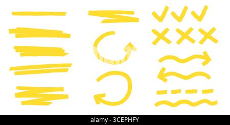 Surligner en jaune les traits de marqueur avec des lignes de pinceau, des flèches et des coches pour l'accentuation du texte ou les annotations. Soulignements dessinés à la main, croix et accents ondulés. Repères de correction définis pour les notes. Illustration de Vecteur