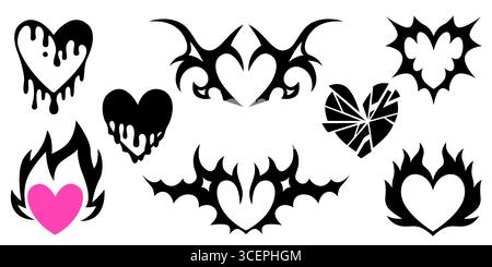 Collection Y2K Gothic Heart avec silhouettes noires fondantes, ailes tribales et flammes pour un design alternatif. Forme géométrique brisée, effet de peinture qui coule et accents roses. Ensemble d'icônes esthétiques Emo punk Illustration de Vecteur
