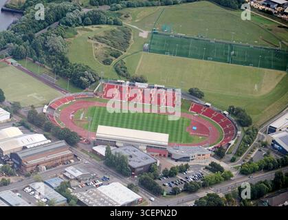 Un tir de drone du stade sportif de Gateshead, Tyneside, dans le nord-est de l'Angleterre, au Royaume-Uni Banque D'Images