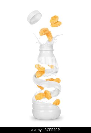 Flocons d'avoine dans les éclaboussures de lait, image conceptuelle isolée sur fond blanc Banque D'Images