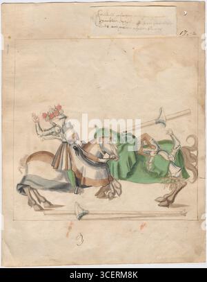 Joust allemand de la paix, c.1512-1515. Un dessin à l'aquarelle richement coloré d'un artiste allemand anonyme du XVIe siècle, représentant une scène de tournoi d'une « joute de la paix », où des chevaliers en armure élaborée et des chevaux en caparisons s'affrontent avec des lances émoussées. Un cavalier est dramatiquement découragé, tombant en arrière tandis que son cheed tombe, tandis que le chevalier adverse, orné de crête florale et de panache, reste debout sur son cheval. Cette image capture le spectacle ritualisé des tournois de la Renaissance, mettant l'accent sur le pageantry, l'héraldique et le sport aristocratique plutôt que sur le combat létal. Banque D'Images