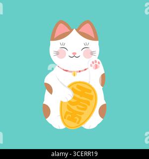Mignon blanc et gingembre Maneki neko bavardant chat. Icône plate de vecteur de chat chanceux japonais. Richesse et talisman Illustration de Vecteur