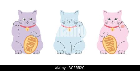 Ensemble de chats mignons attirés à la main Maneki neko avec pattes relevées et symboles de richesse et de chance. Illustration vectorielle Illustration de Vecteur