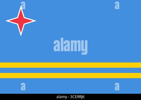 Le drapeau d'Aruba présente un fond bleu clair avec deux bandes jaunes horizontales et une étoile rouge dans le coin supérieur du treuil. Il symbolise le patrimoine insulaire et son identité culturelle. Illustration de Vecteur